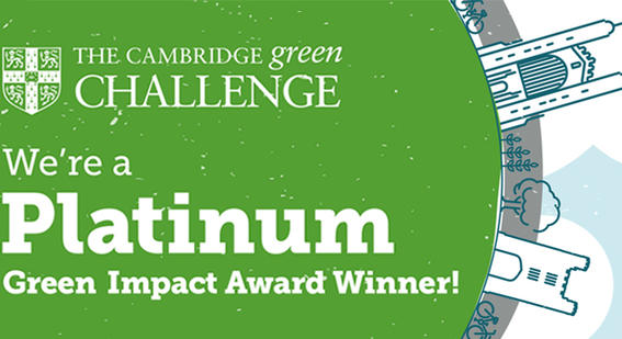a line sketch of kings college chapel in Cambridge with green grass and blue sky with the words cambridge green challenge platinum green impact award winner