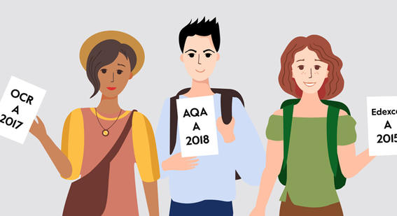 A cartoon of a group of students holding exam results from different exam boards