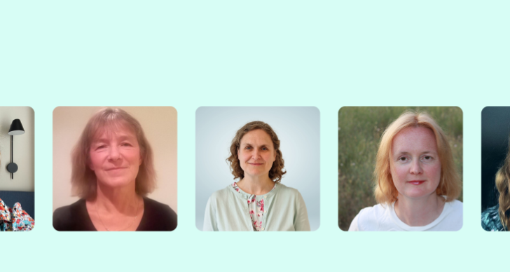 Pictures of guests and host on a light blue background.